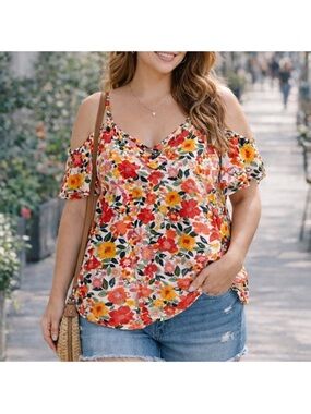 FLORAL COLD SHOULDER TOP CRISS CROSS AT BACK NWOT